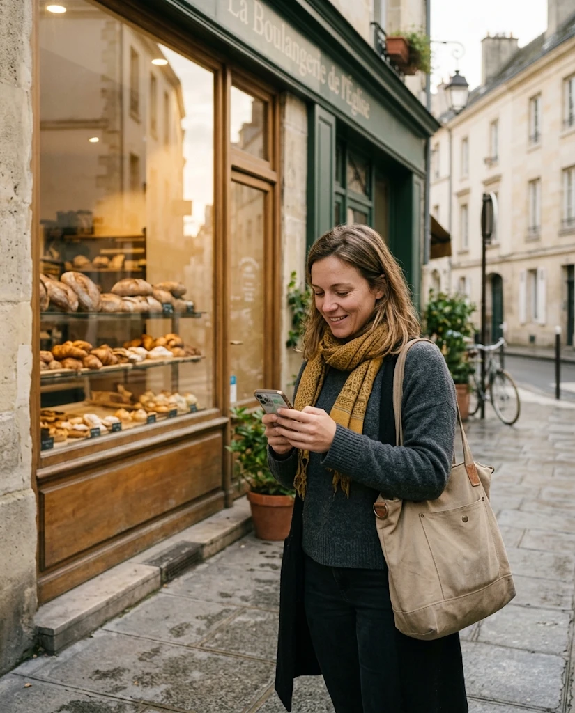 Une cliente devant une boulangerie regarde son téléphone