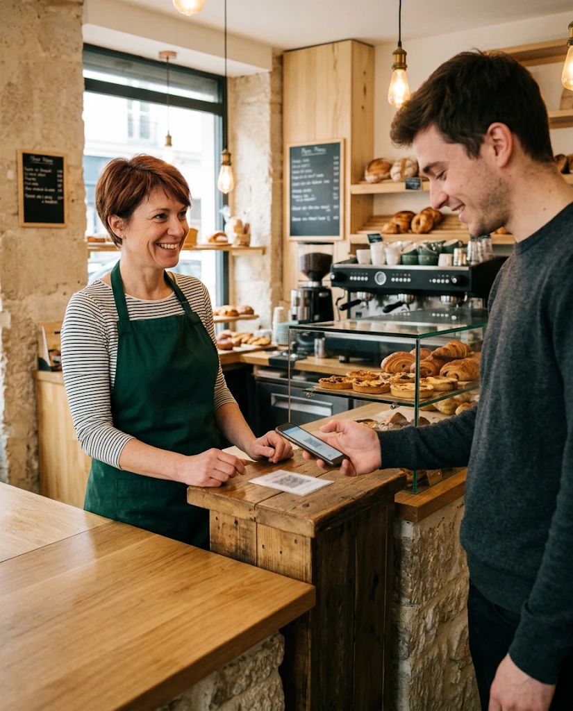 Un client scanne le QR code posé sur le comptoir d’un café
