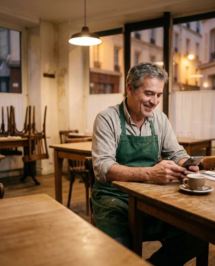 Un restaurateur répond à un avis depuis son téléphone après le service