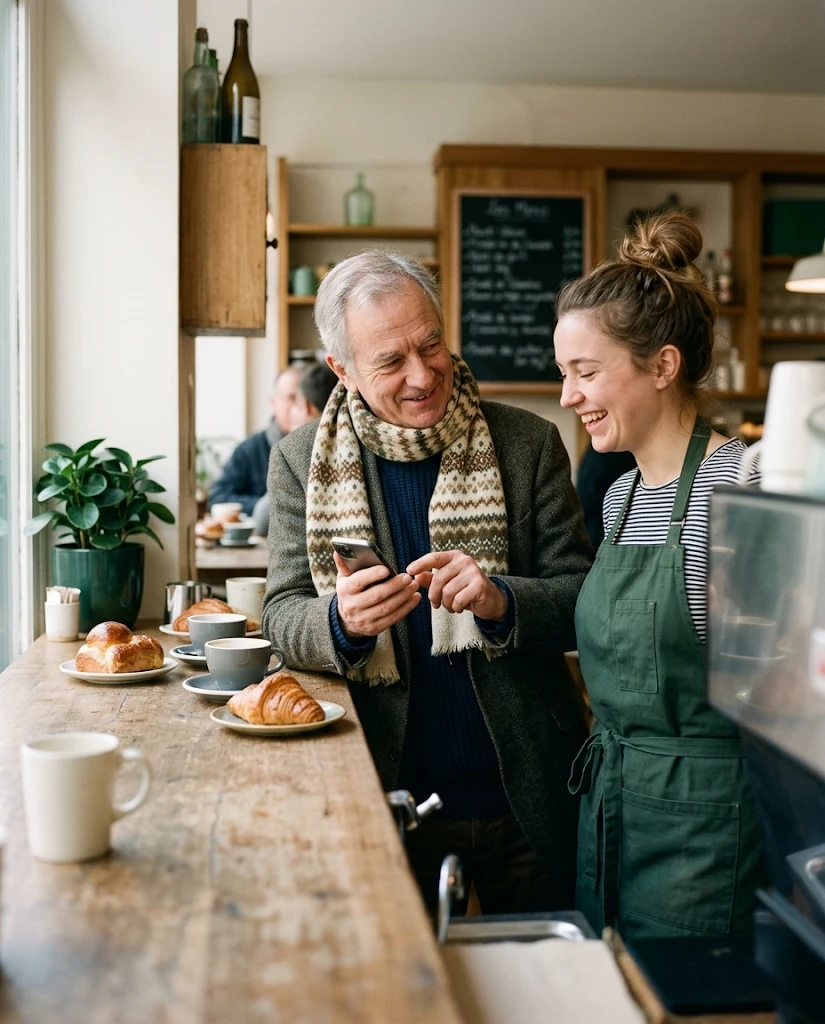 Un habitué montre sa carte de fidélité à la serveuse d’un café